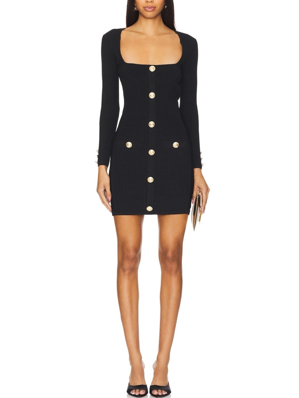Retrofete Long Sleeve Black Button-Front Mini Dress